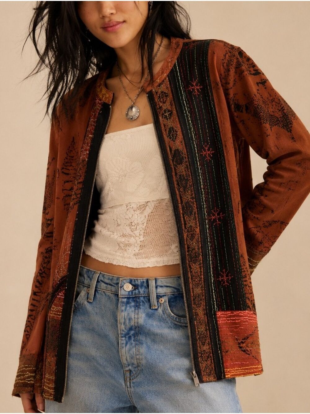 VINTAGE CHICO'S 90s ART TO WEAR KANTHA EMBROIDERED COTTON JACKET S/M SIZE 1